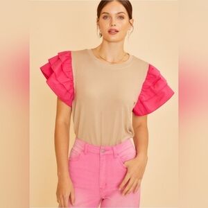 Anniewear Ruffled Sleeve Beige and Pink Bodysuit